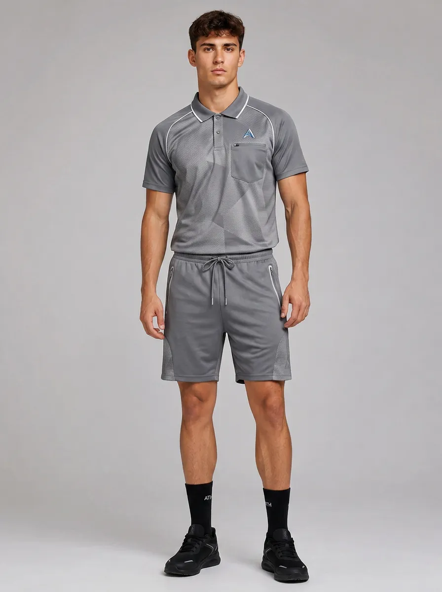 Men's Sporty Geometric Pattern Printed Polo Shirt and Shorts Set