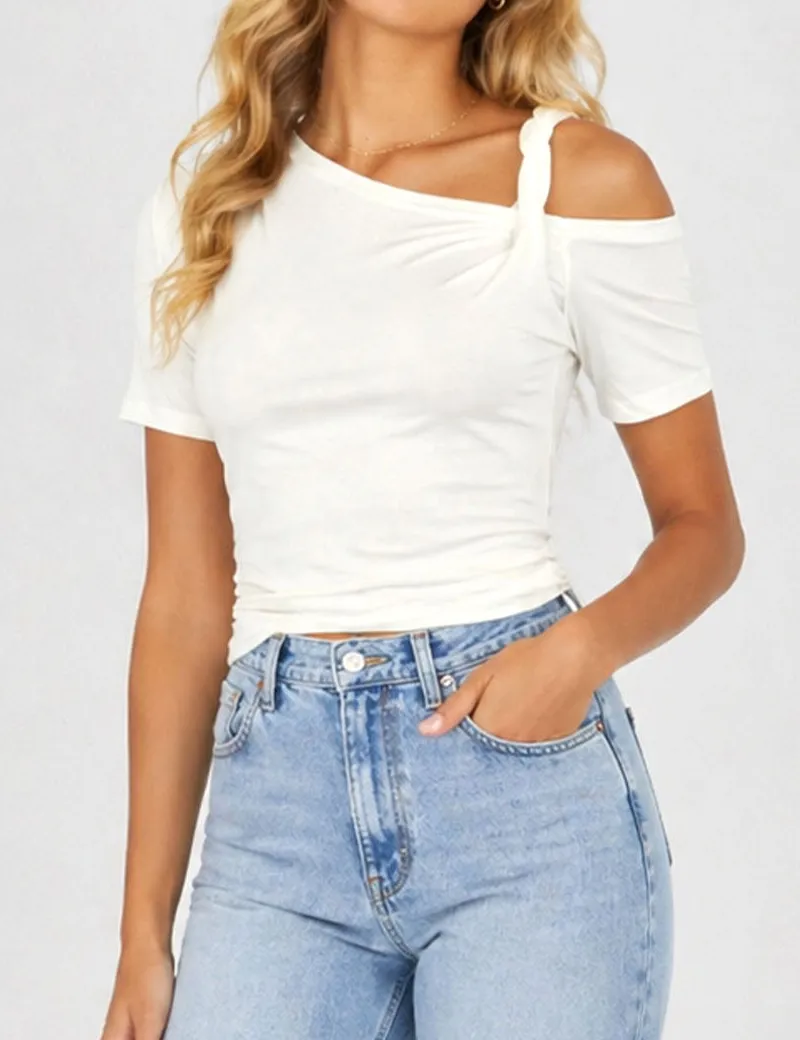 Solid Color One Shoulder Twist Strap Short Sleeves Top