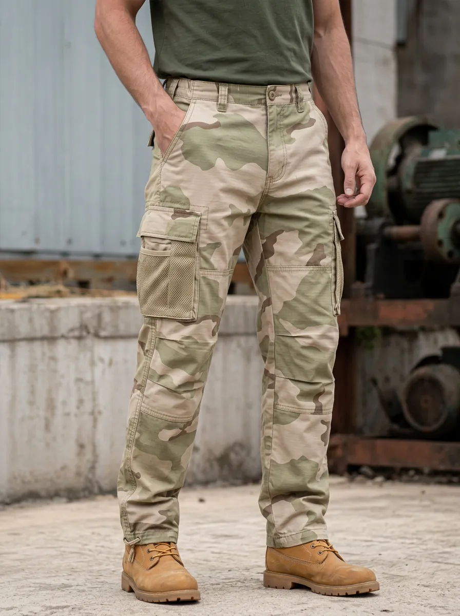 Men's Desert Camo Flap Pocket Drawstring Hem Cargo Pants