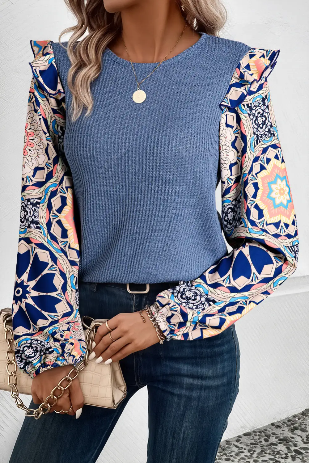 Blue Ruffled Floral Sleeve Patchwork Waffle Knit O Neck Blouse