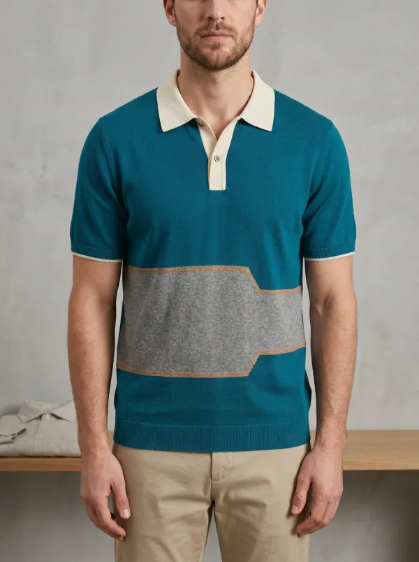 Men's Navy Blue Grey Colorblock Knit Polo Shirt