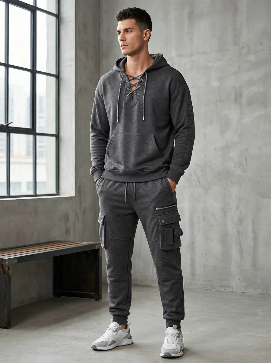 Functional Lace-Up Topographic Style Men's Lace Up Hoodie And Cargo Jogger Set