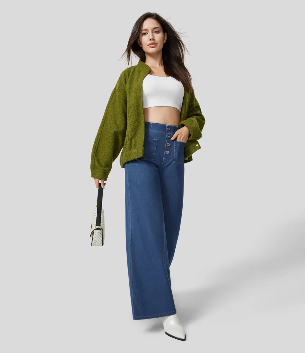 Magic High Waisted Button Multiple Pockets Washed Stretchy Knit Casual Wide Leg Full Length Jeans