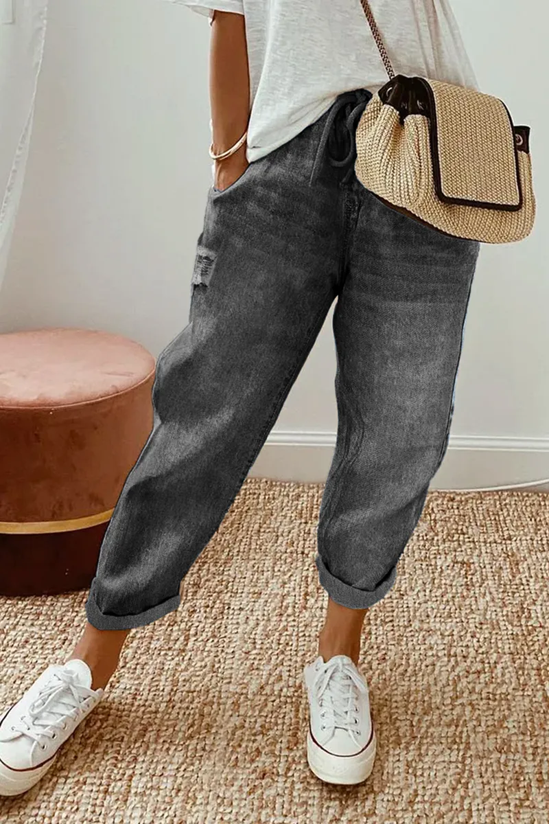 Drawstring Waist Ripped Jeans