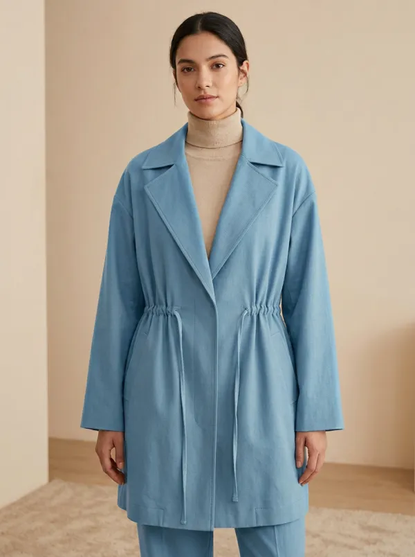 Notched Lapel Drawstring Waist Trench Coat