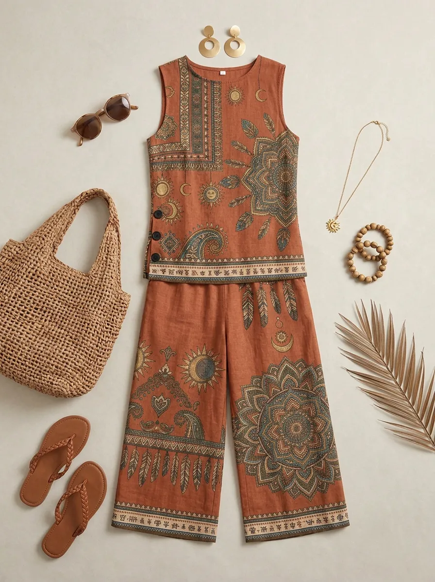 Women's Bohemian Sun Mandala Paisley Printed Sleeveless Set