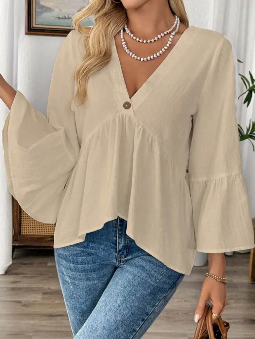 V-Neck Ruffle Sleeve Cotton Top