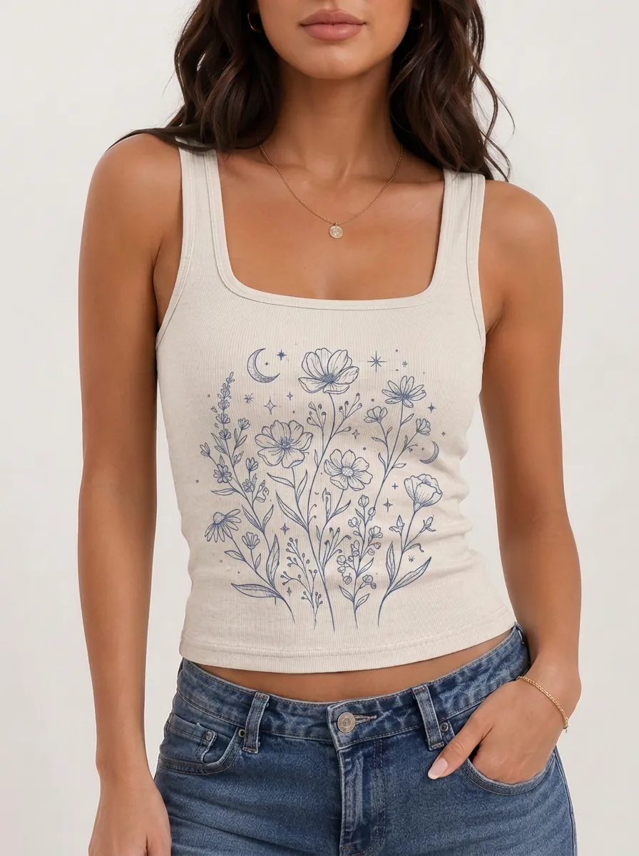 Women's Celestial Floral Moon Star Printed Ribbed Tank Top
