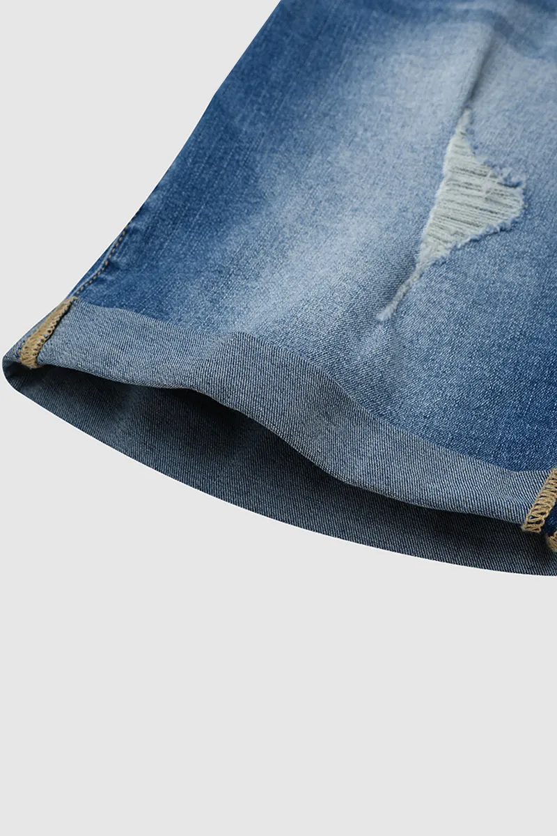 Ripped Lwo Waist Denim Bermuda Shorts