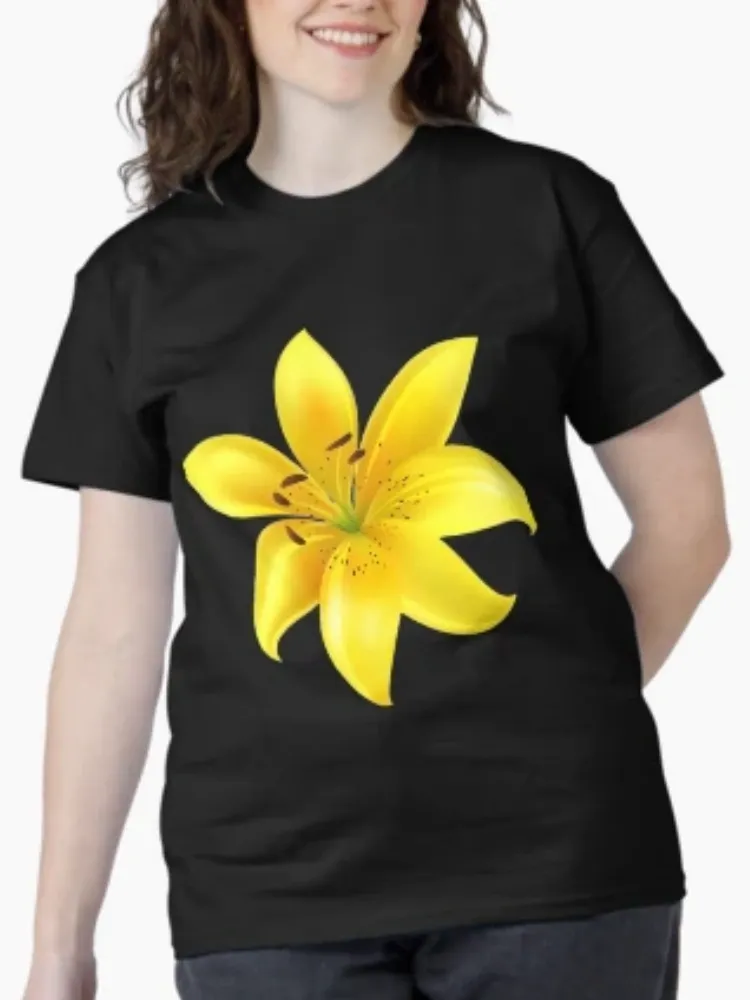 Women's Realistic Yellow Lily Floral Print Crew Neck Short-Sleeve T-Shirt