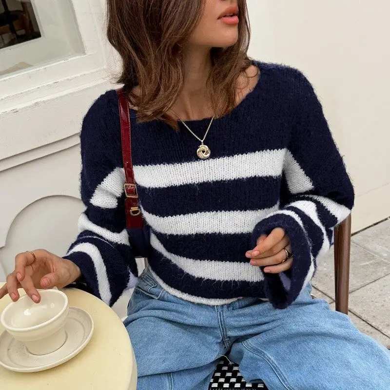 Women's Striped Long-Sleeve Relaxed Sweater