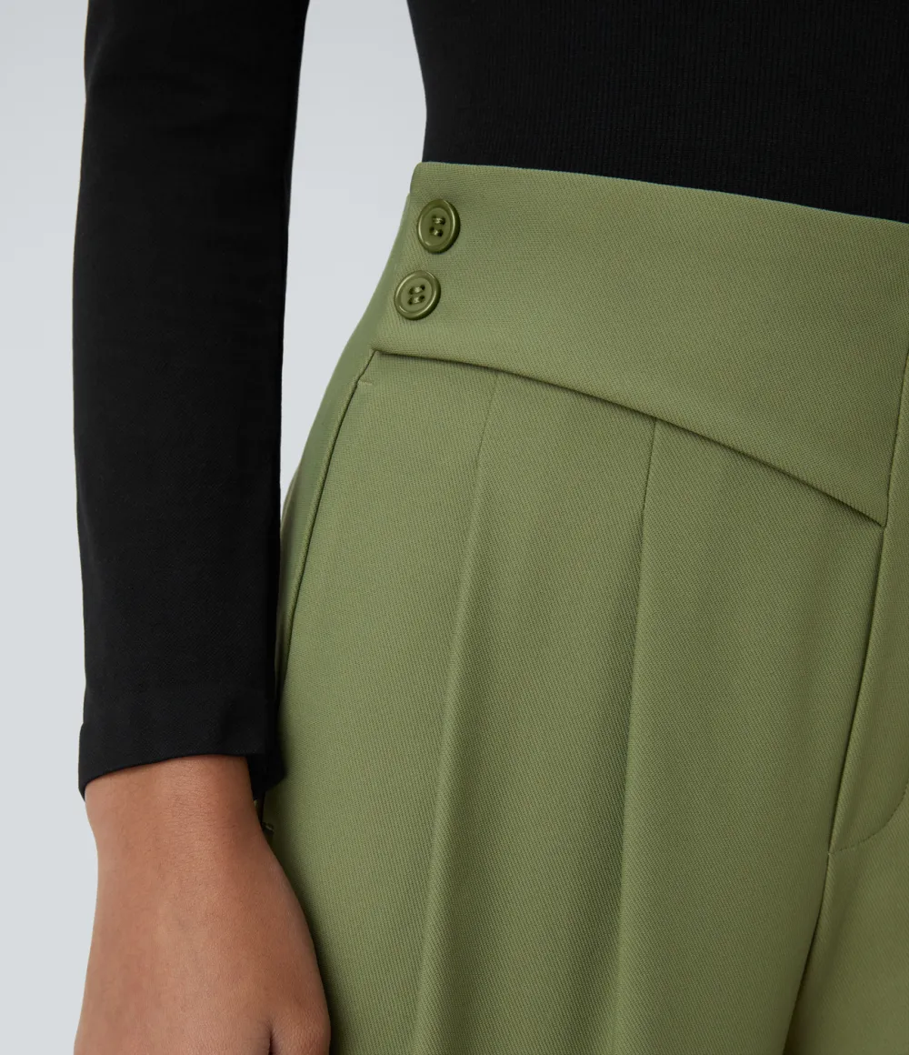  High Waisted Decorative Button Plicated Side Pocket Straight Leg Twill Work Pants