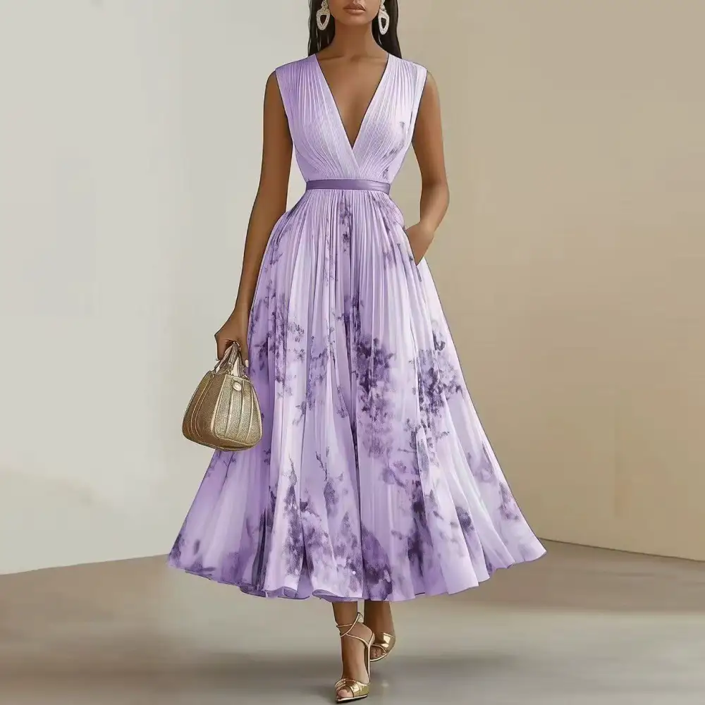  Pleated V Neck Maxi Dress