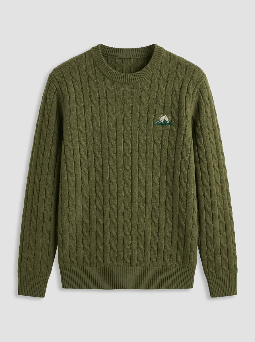 Men's Mountain Sun Embroidered Cable-Knit Crewneck Sweater