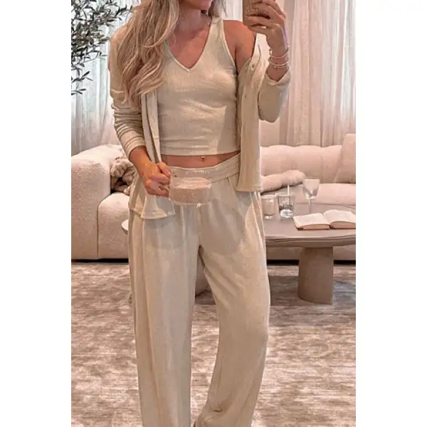 V Neck Tank, Open Front Cardigan and Pants Lounge Set