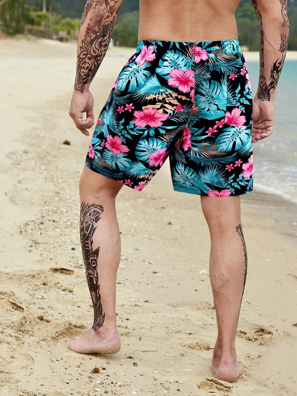 Men's Coastal Tropical Allover Print Drawstring Pocket Beach Shorts