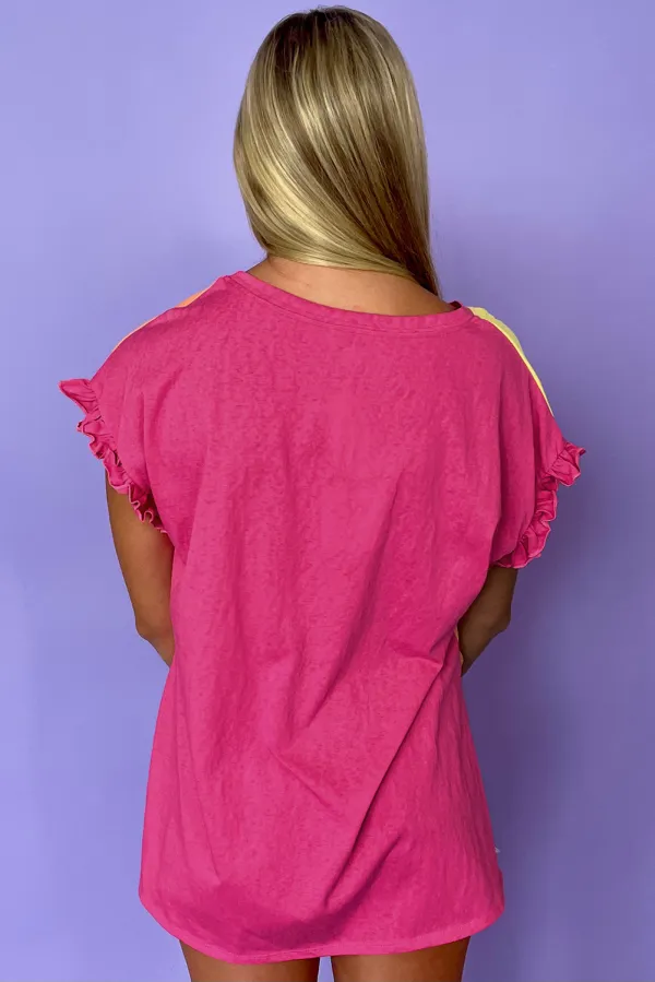 Rose Red Block Ruffled Crew Tee