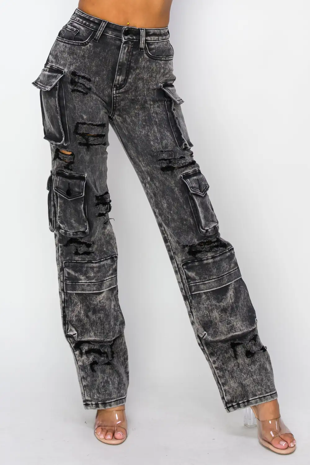 Mid-Rise Washed Cargo Jeans