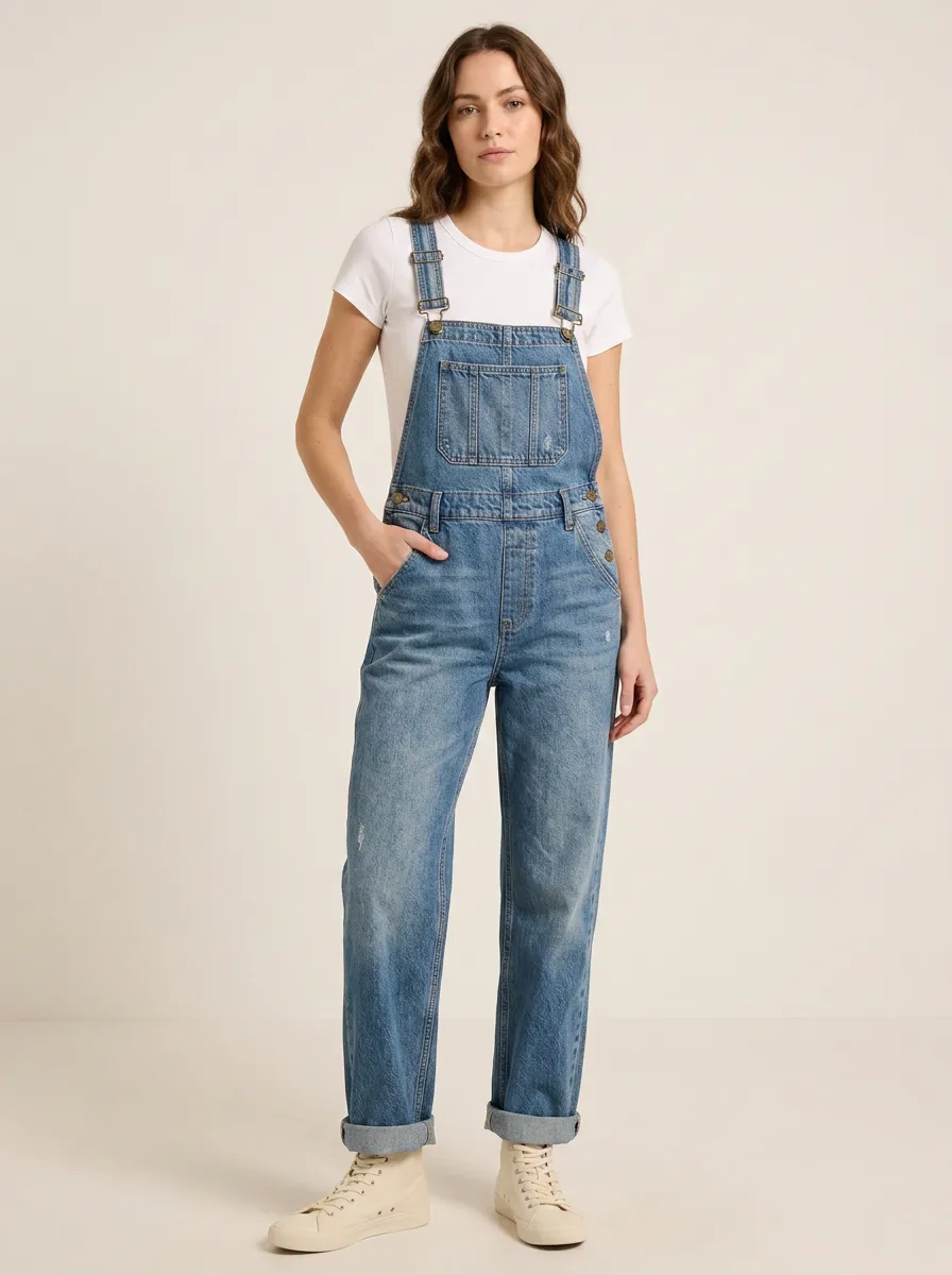 Women's Distressed Casual Denim Overalls