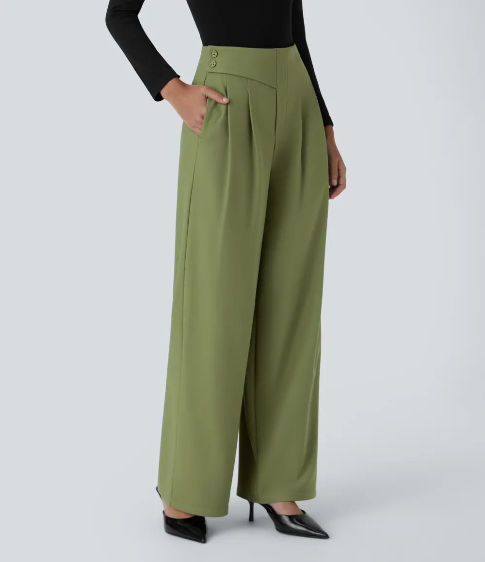  High Waisted Decorative Button Plicated Side Pocket Straight Leg Twill Work Pants