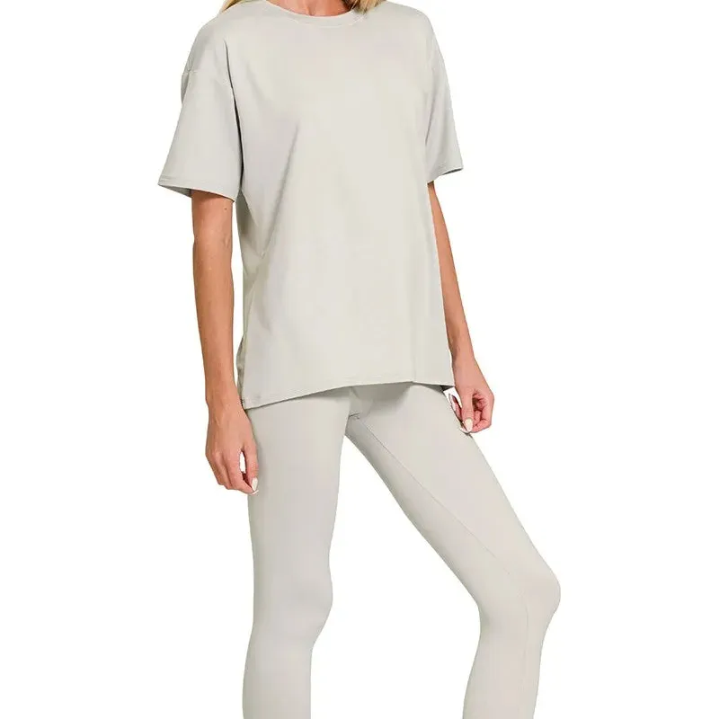 Textured Brushed Dty Microfiber Short Sleeve Top and Pants Loungewear Set