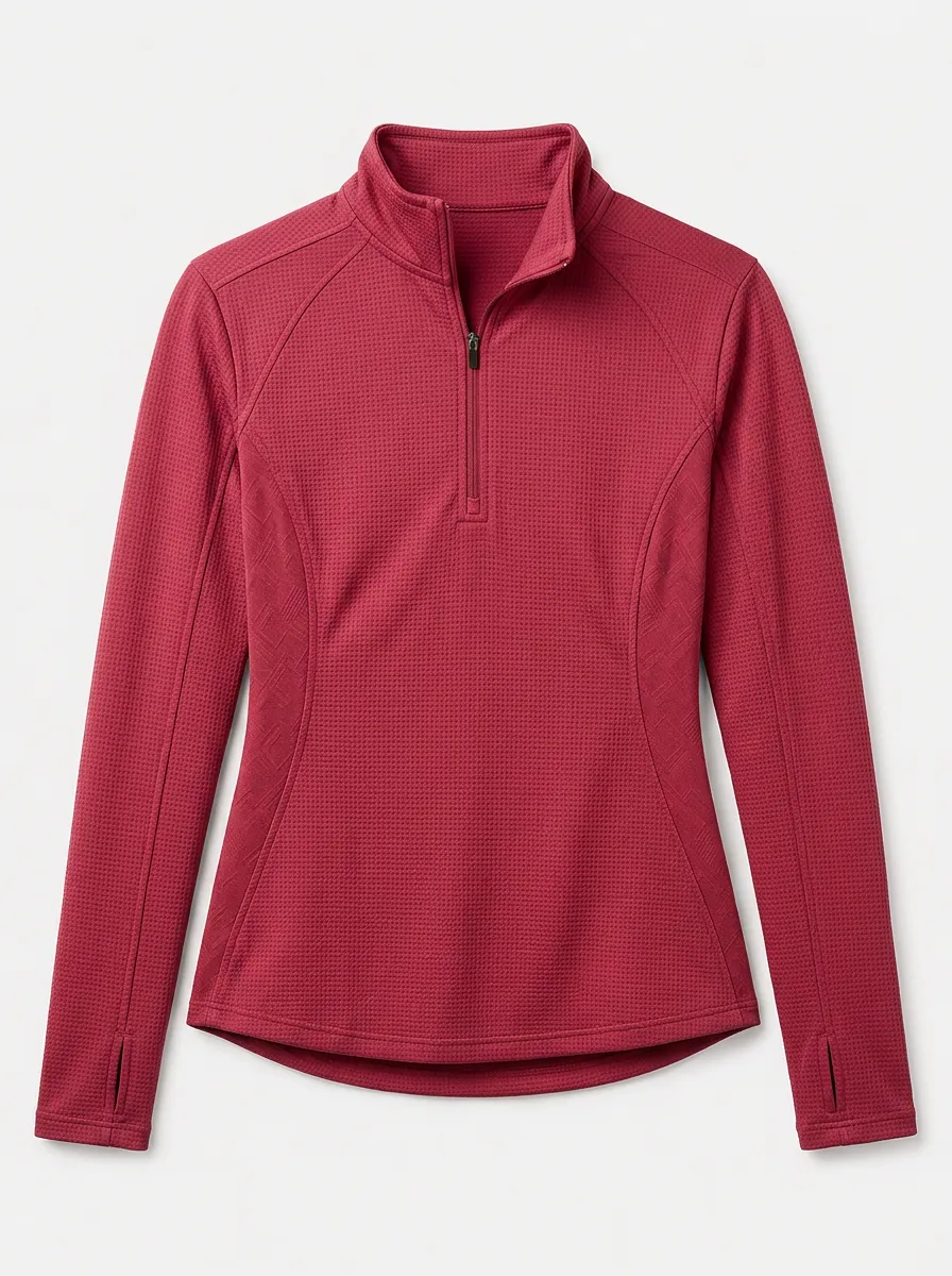 Women's Athletic Fitness Red Waffle Textured Quarter Zip Pullover Top