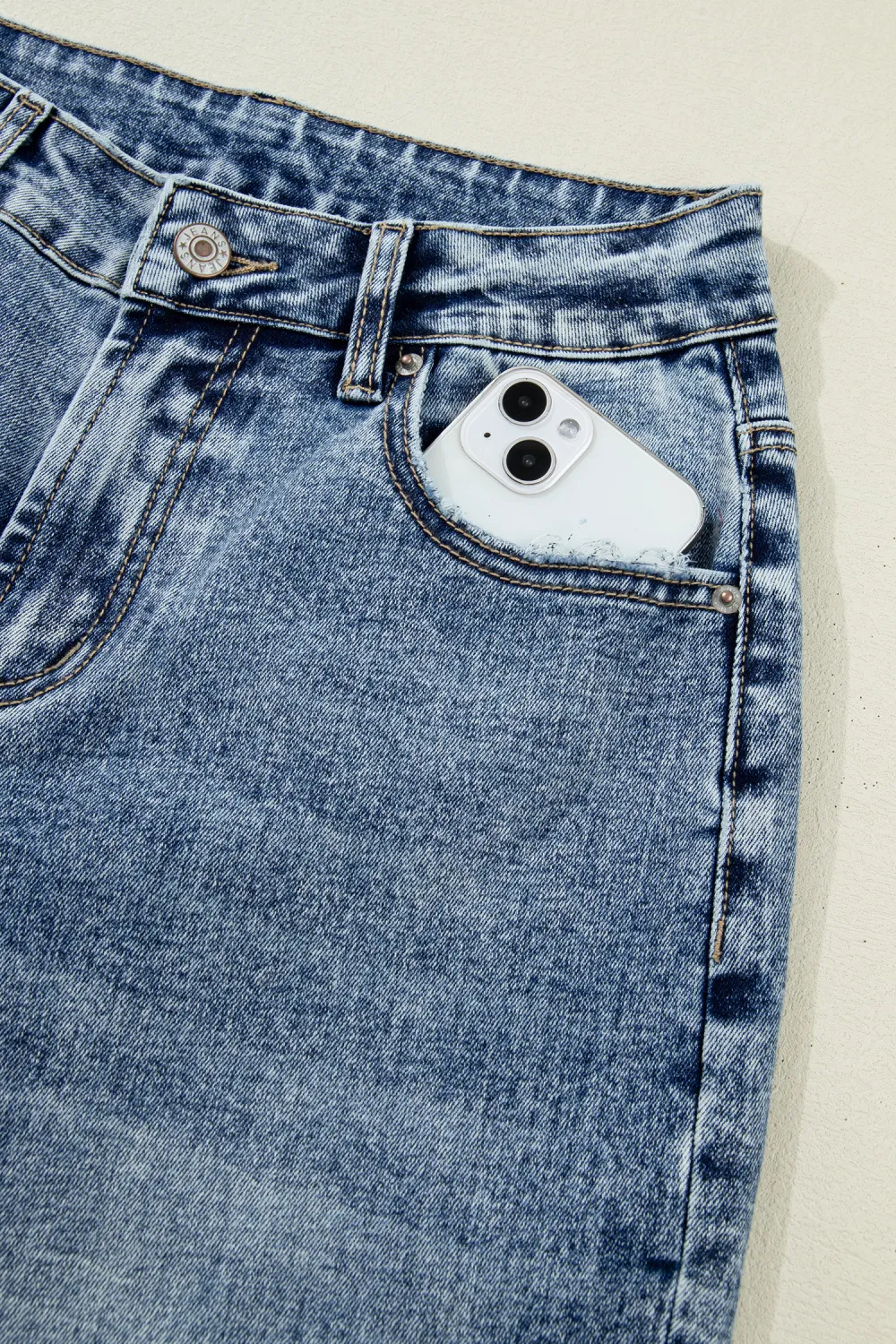 Washed Blue Cuffed Straight Jeans