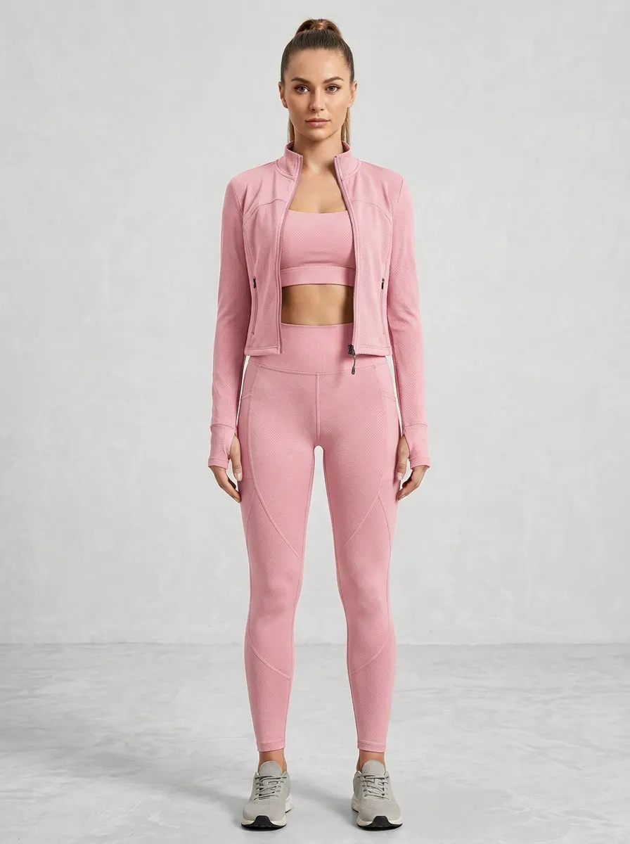 Performance-Inspired Textured Detail Collection Women's Three Piece Activewear Set