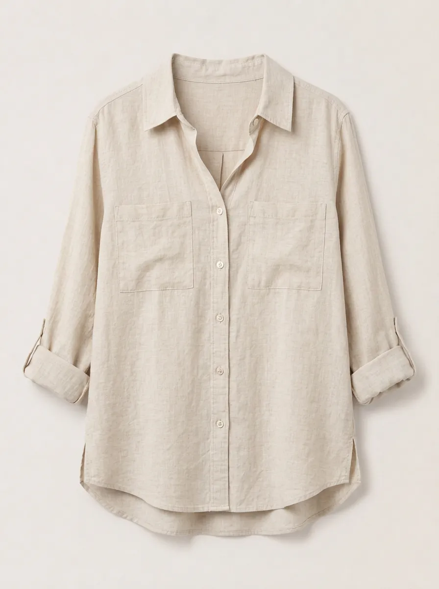 Women's Beige Button-Down Utility Shirt with Side Slit
