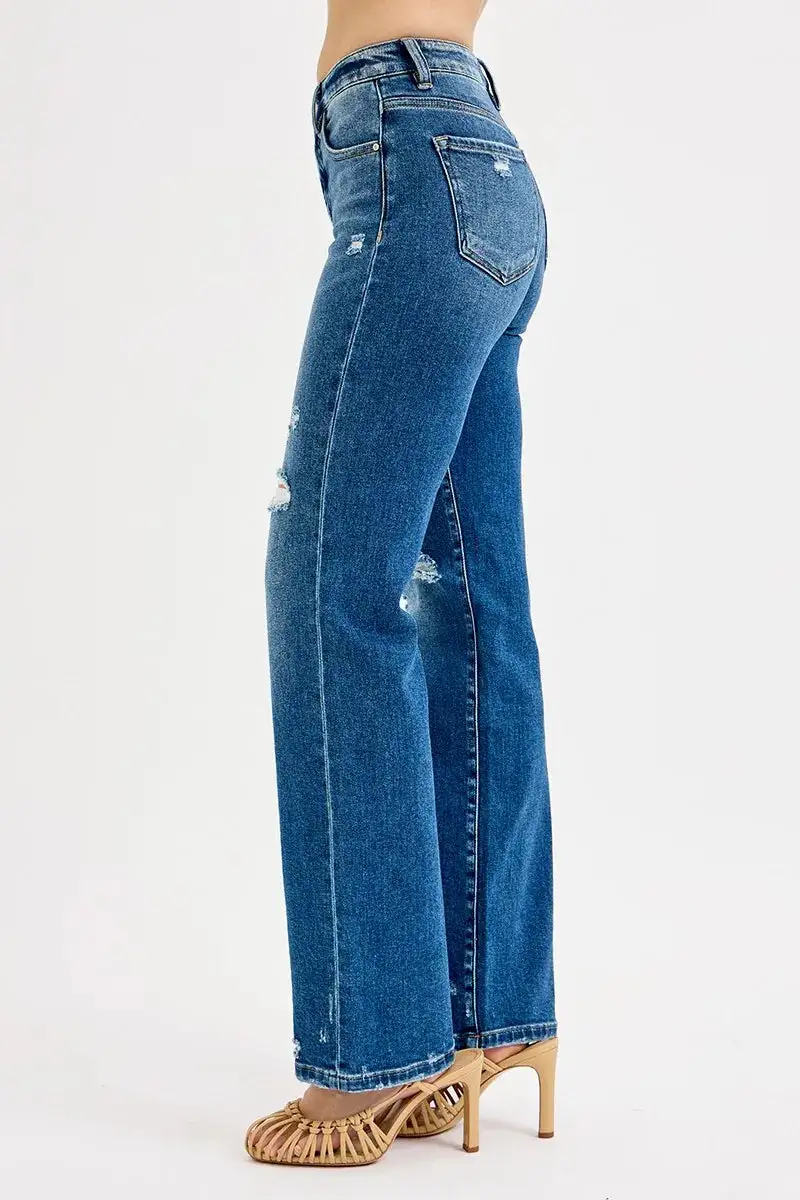 Tummy Control High Rise Straight Distressed Denim Jeans