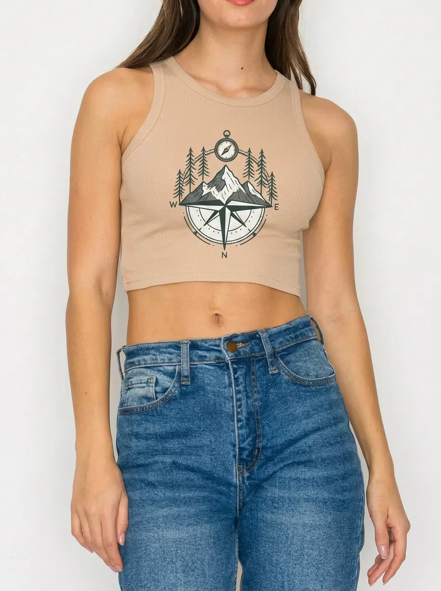 Women's Hiking Adventure Mountain Compass Printed Crop Top
