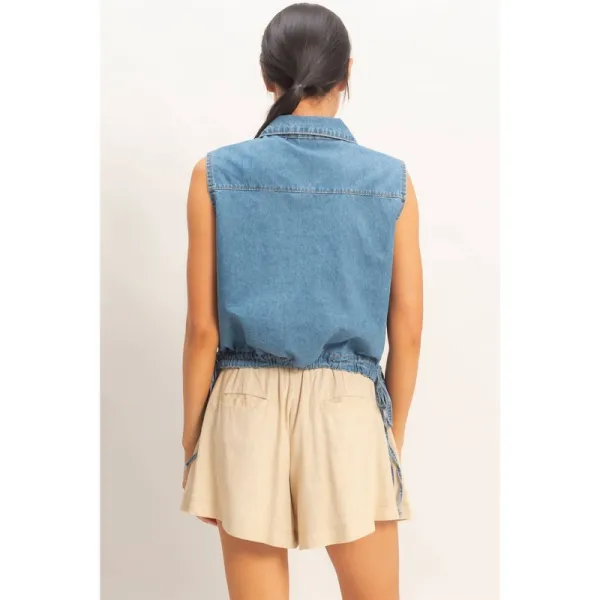 Collared V-Neck Drawstring Tank