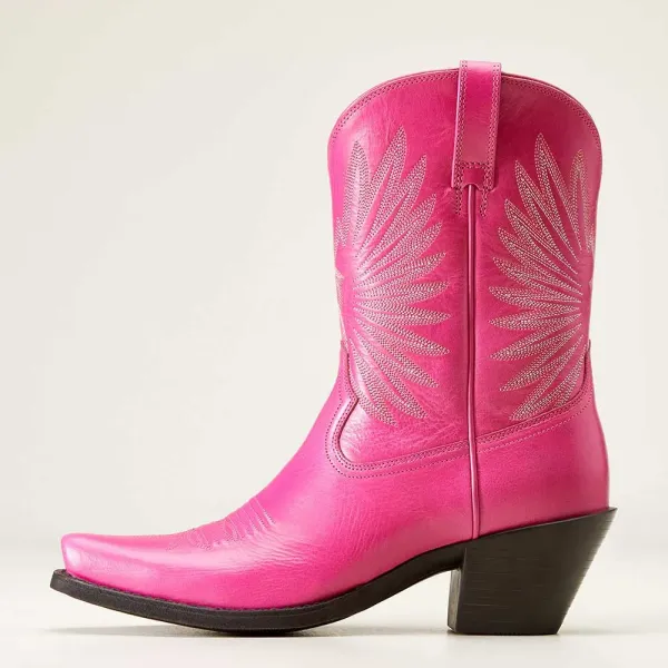 Embroidered Snip-Toe Chunky-Heel Platform Mid-Calf Boots