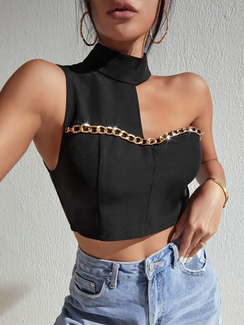 Mock Neck Chain Detail Tank Top