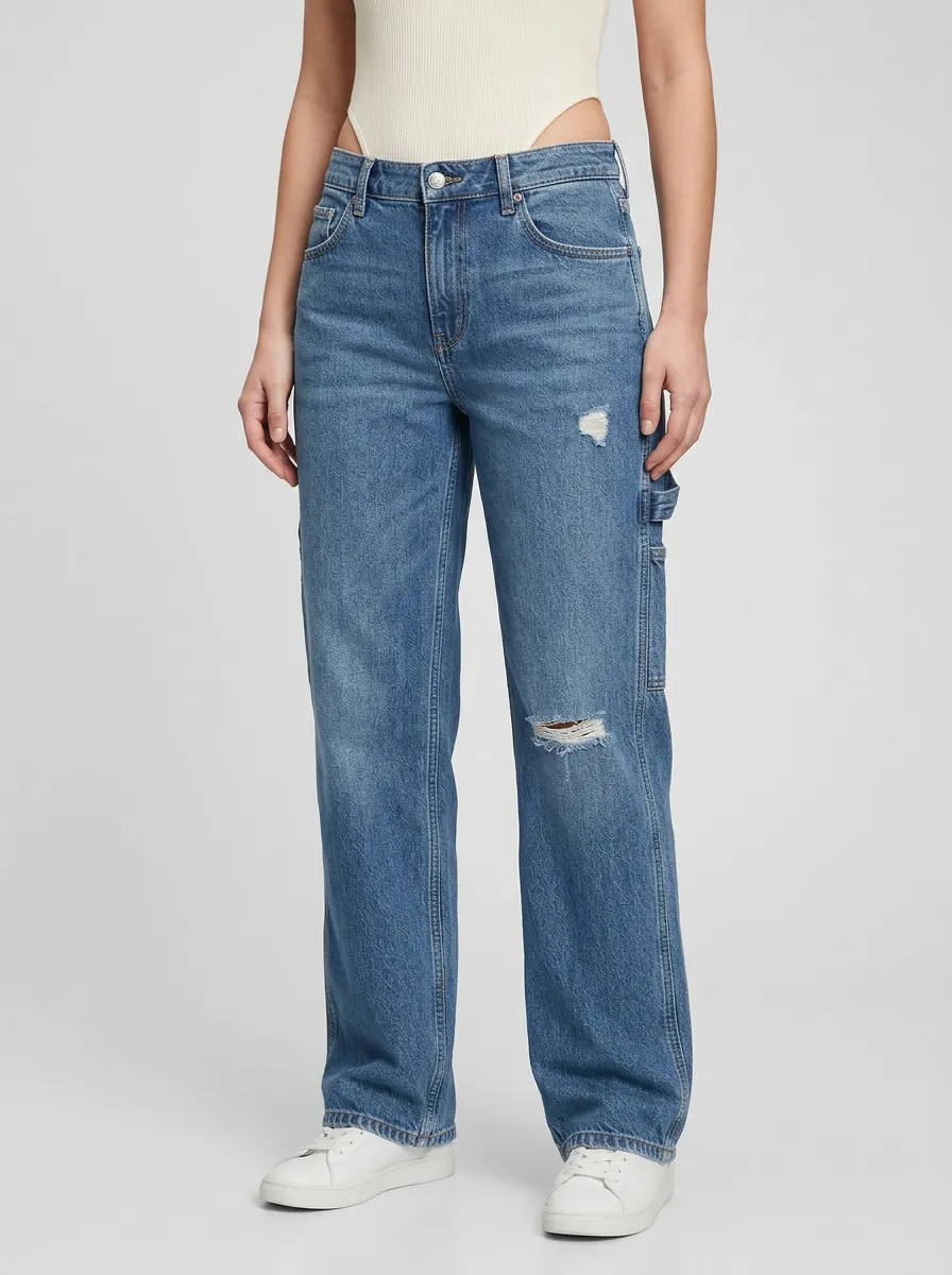 Women's Carpenter Utility-Pocket Thigh-Distressed Mid-Rise Straight-Leg Jeans