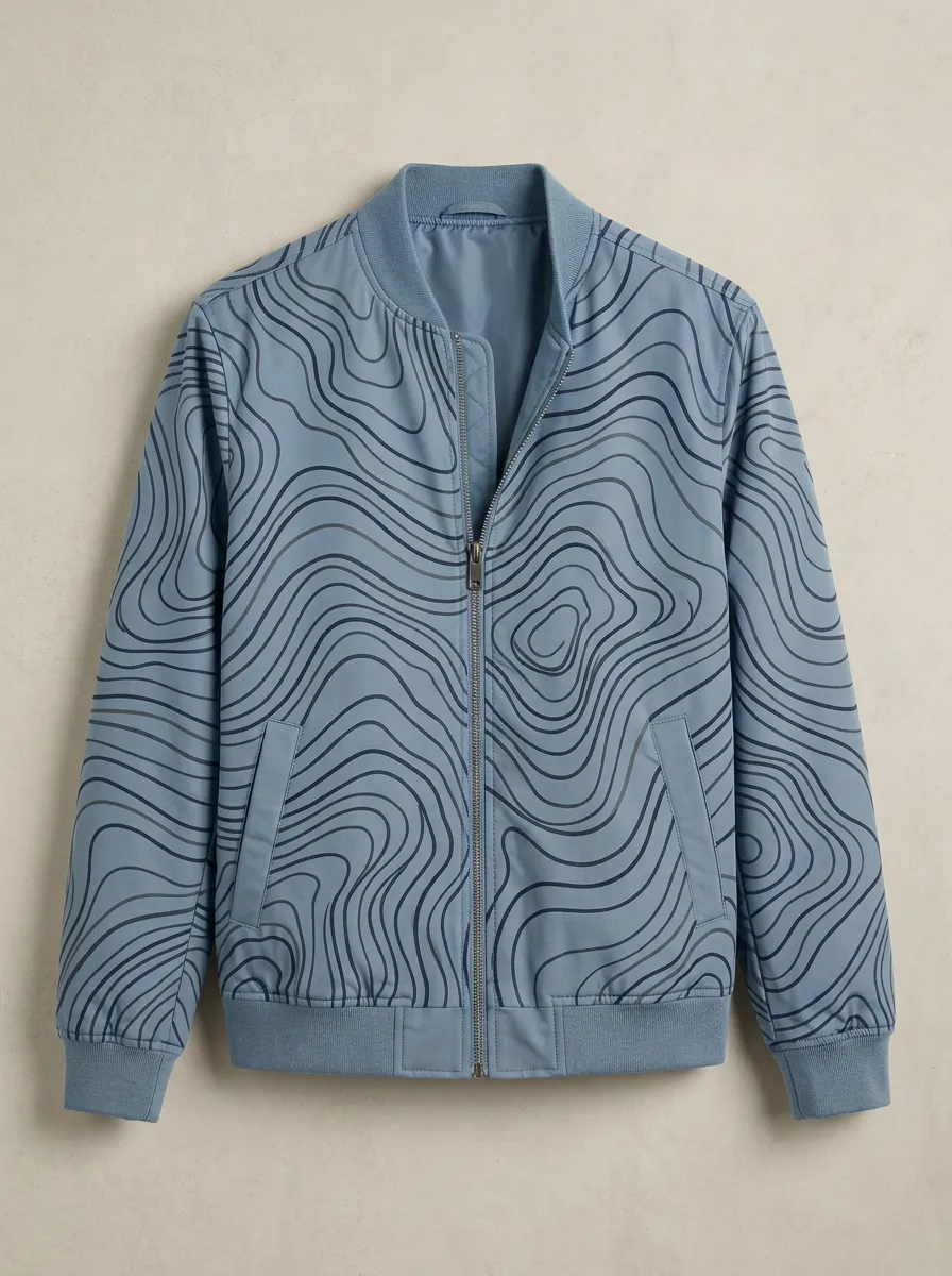 Topographic Print Ribbed Trim Welt Pockets Bomber Jacket