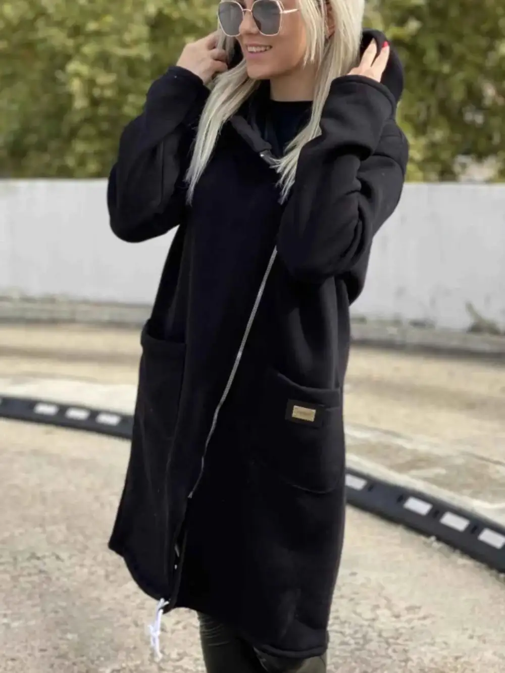 Plus Size Asymmetrical Zip-Up Hooded Fleece Outerwear