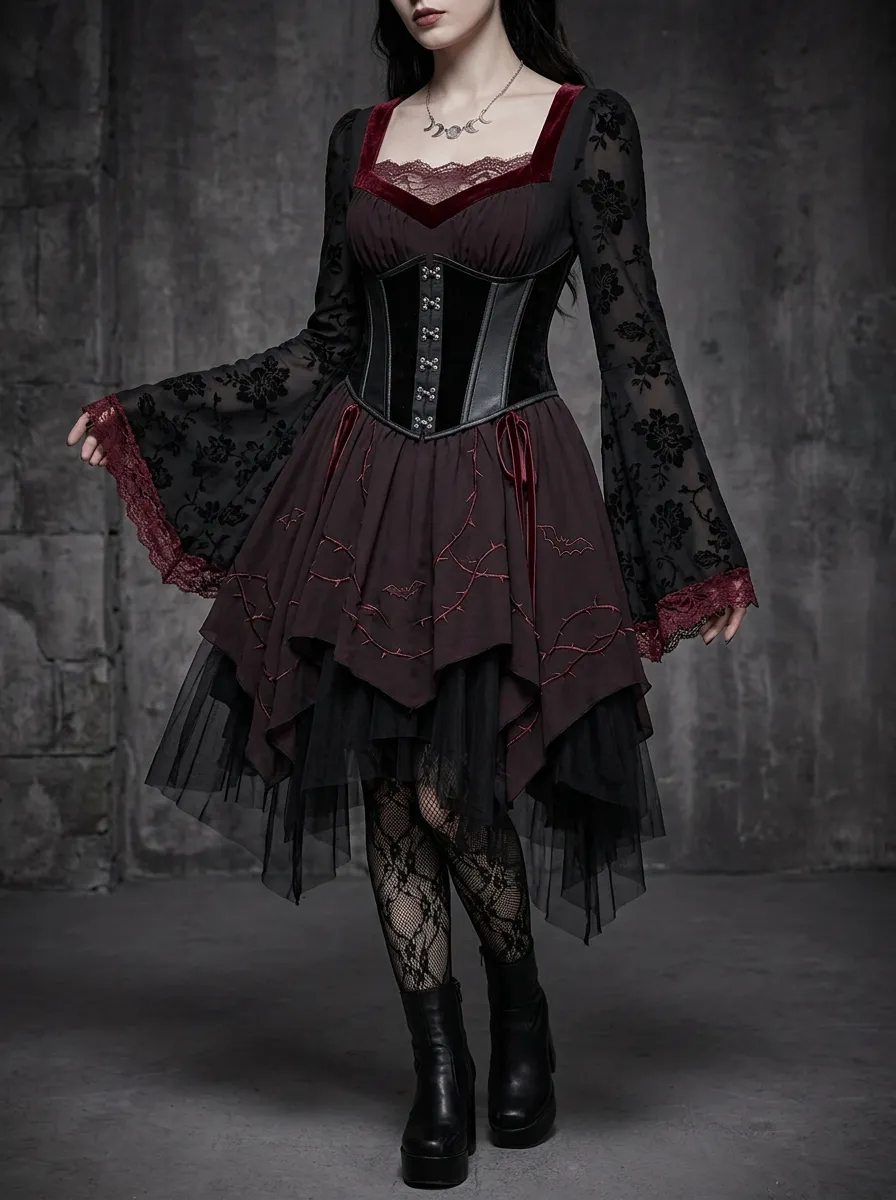 Women's Gothic Bat Thorn Embroidery Lace Trimmed Printed Mini Dress