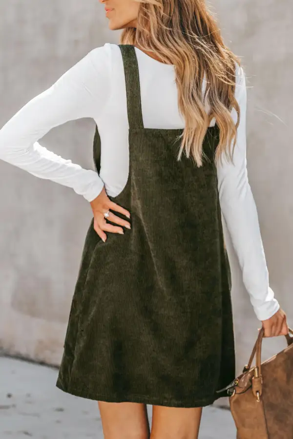 Classic Solid Front Pockets Sleeveless Corduroy Overall Dress
