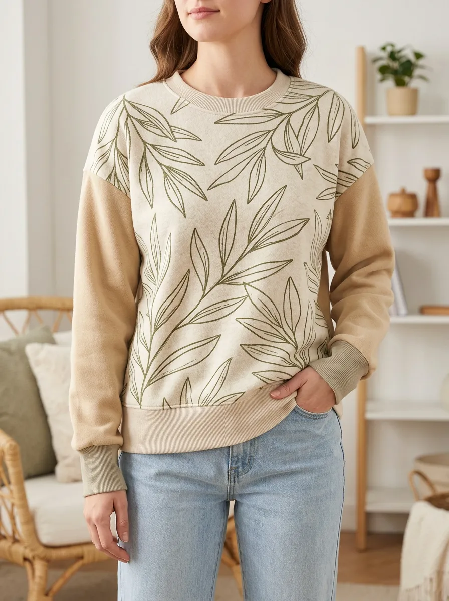 Women's Leaf Print Color-Block Sweatshirt