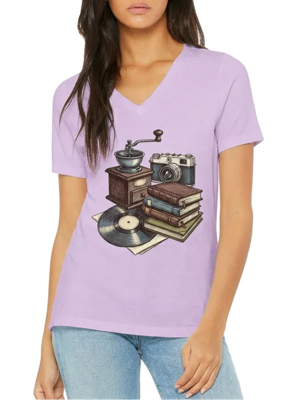 Women's Vintage Hobby Lover Camera Books Vinyl Graphic V-Neck T-Shirt