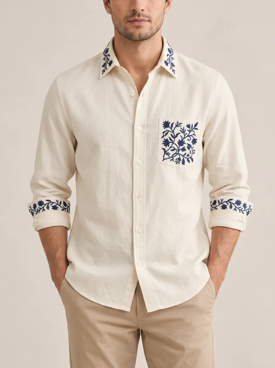 Men's Casual Floral Embroidered Linen Shirt