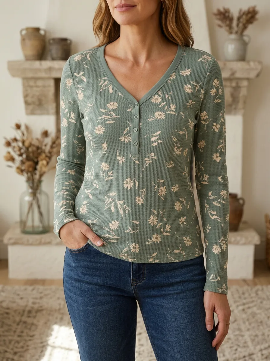Women's Floral Waffle Knit Button Up Printed Henley Top