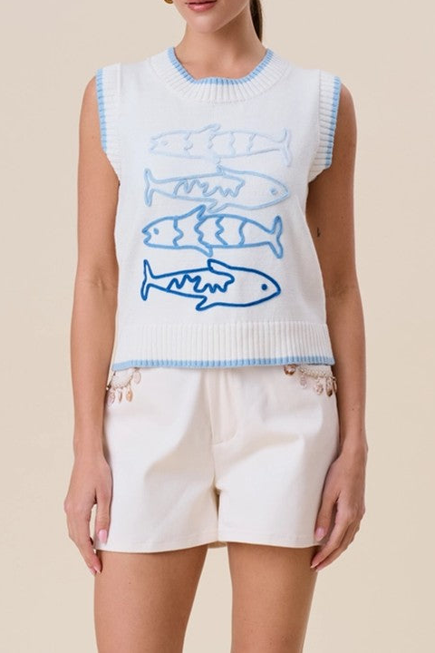 White Sardine Embroidered Knit Vest