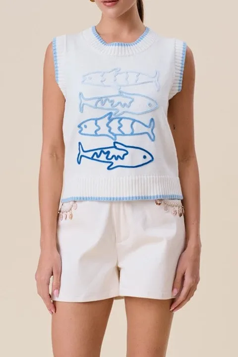 White Sardine Embroidered Knit Vest