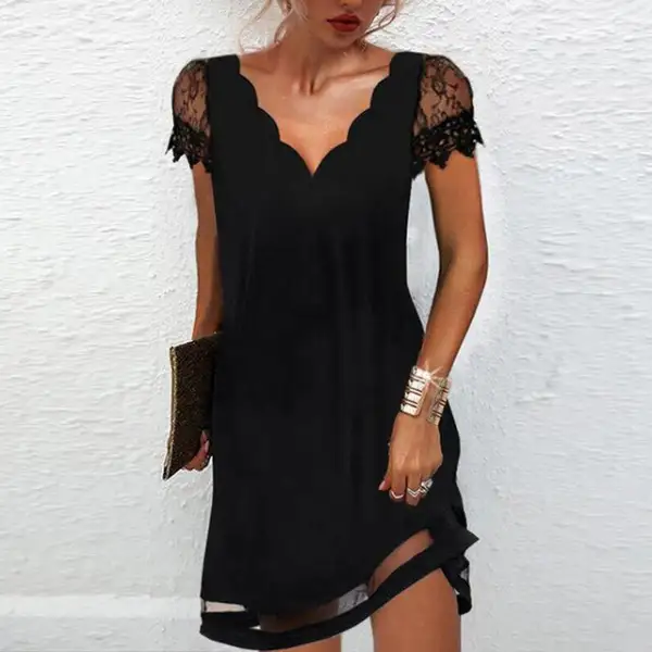 Women's A-Line V-Neck Short-Sleeve Lace Dress