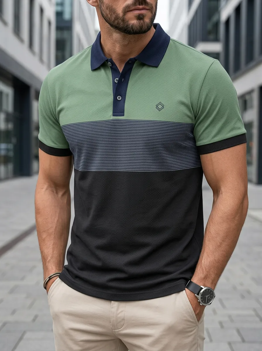 Men's Colorblock Striped Polo Shirt