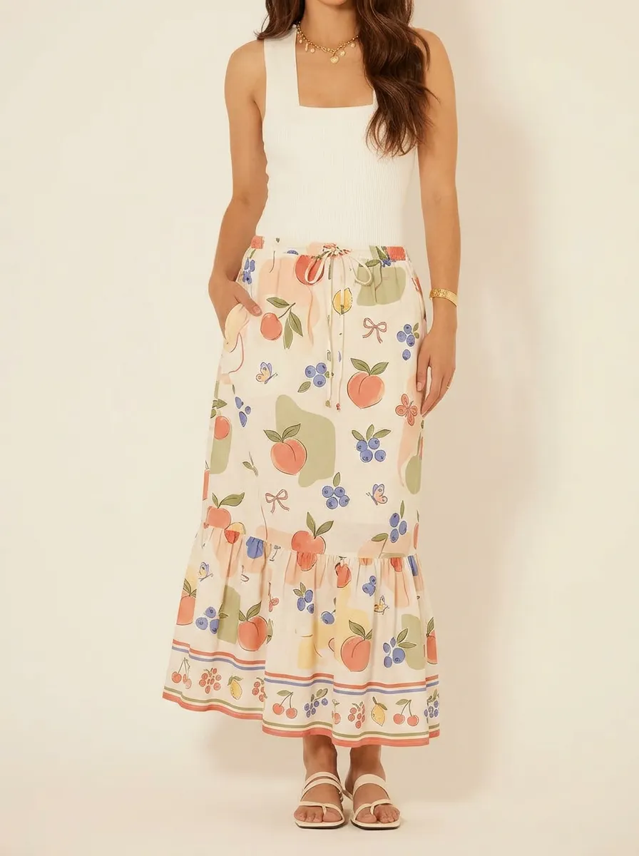 Women's Fruit Lover Peach Blueberry Printed midi skirt