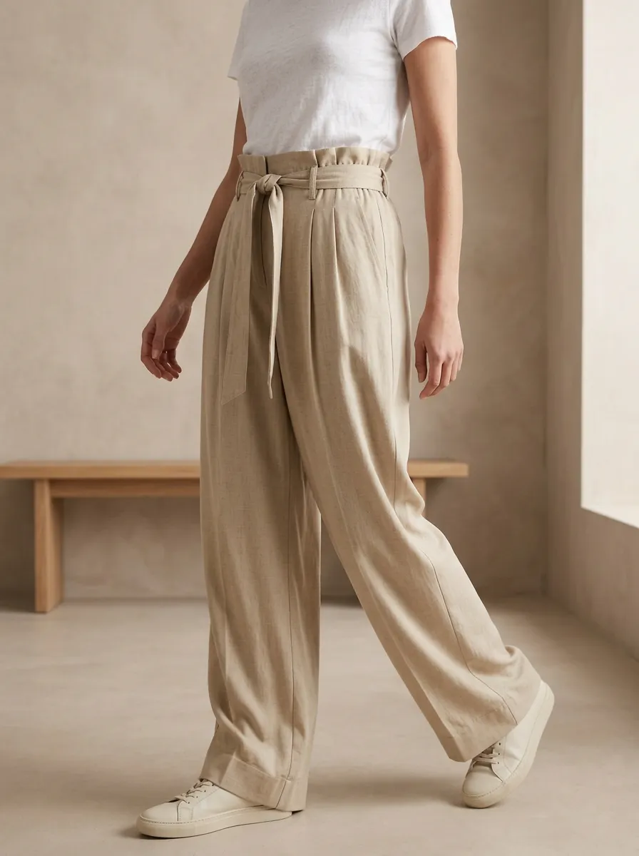 High-Rise Belted Casual Wide Leg Pants