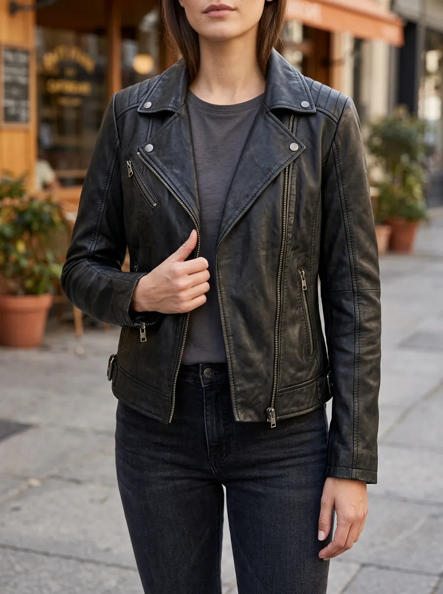 Women's Black Leather Biker Zip-Up Jacket